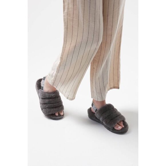 Urban Outfitters x UGG® Fluff Yeah Shearling Fur Slide Sandals Charcoal Grey - Picture 3 of 10